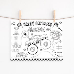 Peut inclure: Une page &agrave; colorier imprimable en noir et blanc repr&eacute;sentant un monster truck avec huit ballons, une recherche de mots, un labyrinthe, un jeu de morpion et le texte "JOYEUX ANNIVERSAIRE JACKSON".