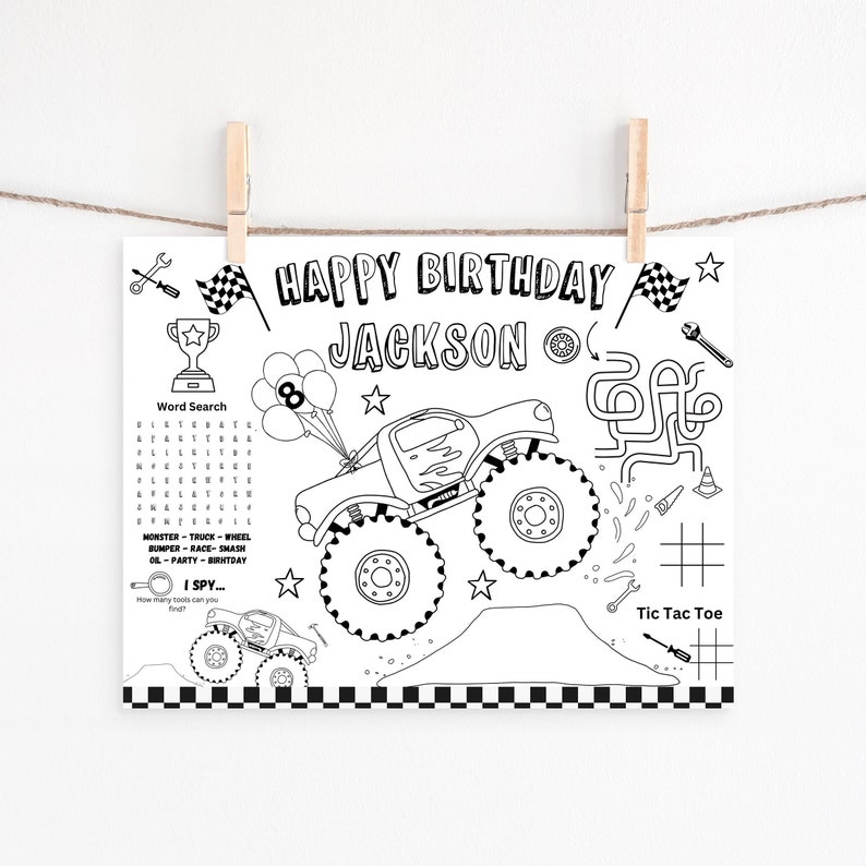 Peut inclure: Une page &agrave; colorier imprimable en noir et blanc repr&eacute;sentant un monster truck avec huit ballons, une recherche de mots, un labyrinthe, un jeu de morpion et le texte "JOYEUX ANNIVERSAIRE JACKSON".