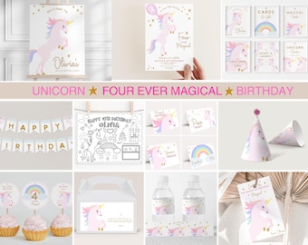 May include: A set of printable unicorn party decorations in pink, gold, and white. The set includes a welcome sign, invitations, cupcake toppers, favor tags, water bottle labels, a coloring page, and party hats. The text on the sign reads "Welcome to Olivia's Unicorn Birthday Party". The text on the invitations reads "Four Ever Magical Olivia's 4th Birthday".