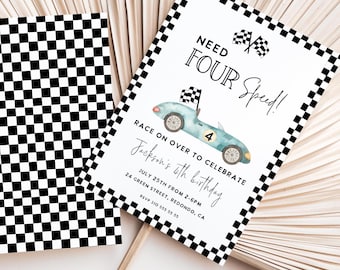 Invitación para el cuarto cumpleaños de Need Four Speed: Auto de carreras azul (plantilla editable)