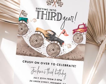 May include: A white invitation card with a watercolor illustration of monster trucks racing. The text reads "SHIFTING INTO THIRD gear!" and "CRUSH ON OVER TO CELEBRATE!" It also includes the details for Jackson's third birthday.