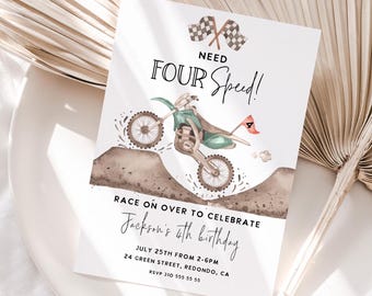 May include: A white invitation with a watercolor illustration of a dirt bike. The text reads "Need Four Speed!" and "Race on over to celebrate Jackson's 4th birthday." The invitation includes the date, time, address, and RSVP information.