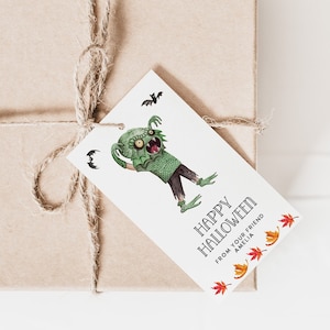 Printable Happy Halloween Gift Tag, Editable halloween Treat bag, costume party Trick Or Treat Favor Tag, birthday Corjl template printable