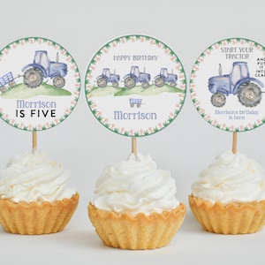 Tractor Birthday cupcake toppers, Blue Tractor Invitation, Boy 1st Birthday, 2nd birthday, cake topper, boy birthday party, Instant download