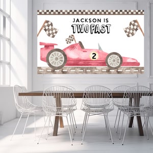 Race Car birthday backdrop, TWO FAST birthday banner, car poster, second birthday, vintage car, 2nd birthday boy invite, editable, printable