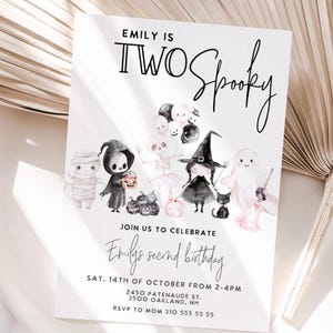 TWO SPOOKY Halloween Invitation, 2nd birthday, Pink halloween birthday, Cute ghost invite, girly halloween party, Editable, Instant download