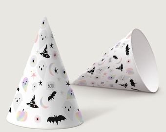 May include: Two white Halloween party hats with a repeating pattern of ghosts, bats, stars, moons, witch hats, and the word "BOO!" in a speech bubble. The hats have a cone shape, with one standing upright and the other lying on its side.