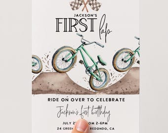 First Lap 1st Birthday Invitation: BMX party invite, Green Dirt Bike Party (Digital Download)