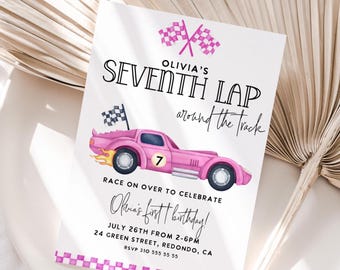 May include: A pink race car birthday invitation with the text "Olivia's Seventh Lap around the track". The invitation includes a pink race car graphic, checkered flags, and event details.