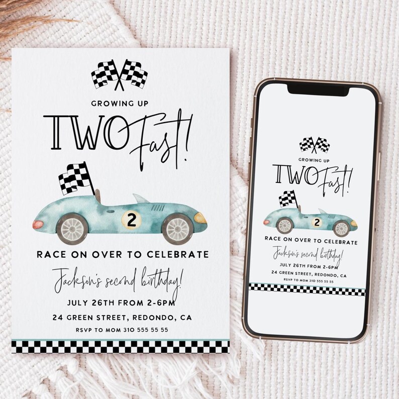 May include: A light blue race car birthday invitation with the text "Growing Up Two Fast!" and "Race on over to celebrate Jackson's second birthday!" The invitation includes the date, time, and location.