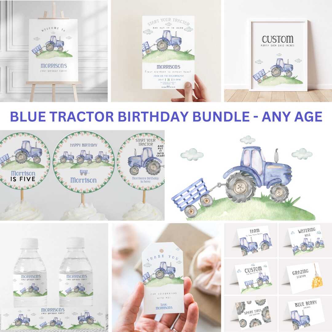 Blue Tractor Birthday Bundle, Tractor Bundle, Farm Boy Birthday, First Birthday, Any Age
