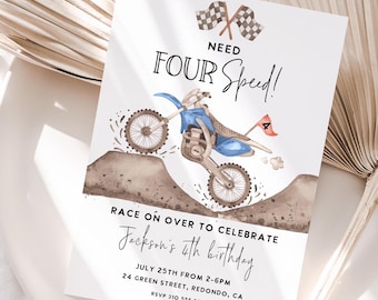 May include: A white birthday invitation with a watercolor illustration of a blue dirt bike jumping over a dirt mound. The text reads "Need Four Speed!" and includes details for Jackson's 4th birthday party.