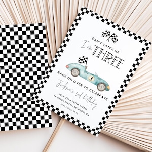 Je ne peux pas m'attraper, je suis trois, invitation d'anniversaire de voiture de course, fête d'anniversaire de voiture de course 3D, invitation de voiture de course, fête de course, voiture de course bleue, modifiable