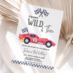 "Rotes Rennauto zum 3.Geburtstags-Einladung: Junges Wild & Drei (bearbeitbare Vorlage, digitaler Download