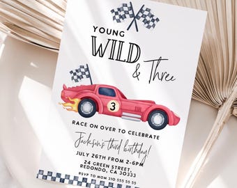 Red Race Car 3rd Birthday Invitation: Young Wild & Three (Editable Template, Digital Download