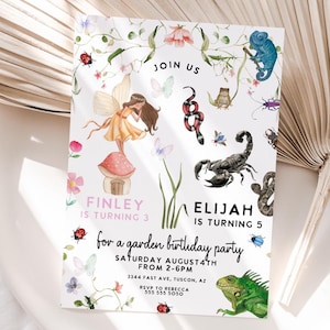 May include: A whimsical garden-themed birthday party invitation. The design features a fairy, butterflies, and various insects and reptiles. The invitation includes the text "JOIN US", names, ages, date, time, and location.