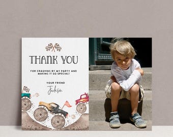 Photo Monster Truck Birthday Thank you Card, postcard (Editable Instant Download)
