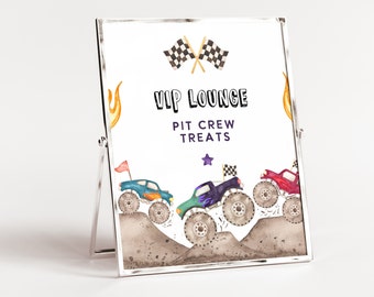May include: A white sign with the text "VIP Lounge Pit Crew Treats" and a purple star. The sign is decorated with cartoon monster trucks racing on a dirt track. The trucks are blue, green, and red.