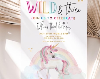 Unicorn 3rd Birthday Invitation: Young Wild & Three, rainbow party invite (Digital Download)