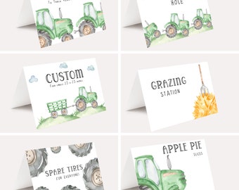 May include: Ten printable cards featuring a green tractor and farm-themed text. The cards include text such as "Farm", "Watering Hole", "Custom", "Grazing Station", "Spare Tyres", and "Apple Pie".