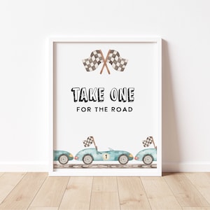 Race Car Party Zeichen Gastgeschenk für die Straße, jedes Alter, Tischschild, Auto Geburtstag, 1. Geburtstag, Oldtimer laden editierbar printable