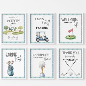 Könnte beinhalten: Sechs gerahmte Schilder zum Thema Golf mit Aquarellillustrationen und Text. Schilder enthalten "Welcome to Jackson's Par-Tee!", "Cards & Gift Parking", "Watering Hole", "Caddie Treats", "Champions Corner" und "Thank You".