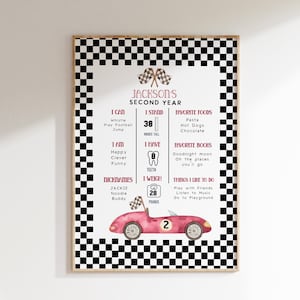 May include: A black and white checkered poster with a red race car illustration. The poster is a milestone chart for a child's second year, with details like height, weight, favorite foods, books, and activities. The poster includes the name Jackson.