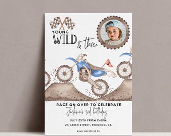Dirt Bike 3rd Birthday Invitation: Young Wild Three Photo Invite (Digital Download)