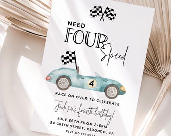 Invitación para el cuarto cumpleaños de un coche de carreras de cuatro velocidades: Diseño vintage azul (plantilla editable)