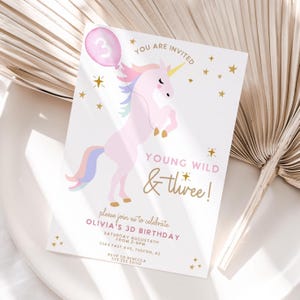 Editable Unicorn birthday invitation, Young WILD and THREE, 3rd birthday invite, Unicorn party, Magical birthday, rainbow unicorn, printable