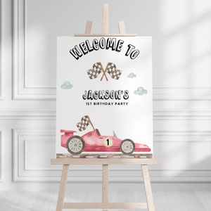 Race Car welcome poster, race car welcome sign, FAST ONE, Car birthday, first birthday, vintage car, 1st birthday, boy, editable printable