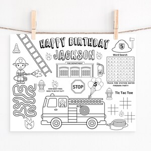Firetruck coloring page, activity mat, fireman party decor, personalized coloring mat, firetruck games, fire station, fire engine, printable