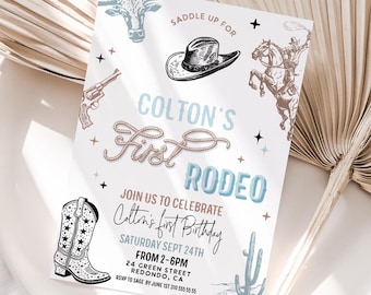 Primeiro convite de aniversário de rodeio: Festa de cowboys do oeste selvagem (download digital editável)