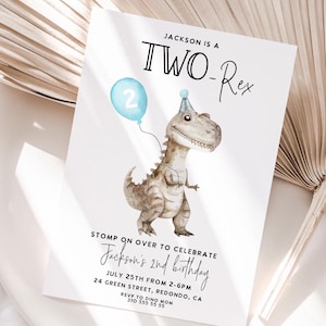 May include: A birthday invitation featuring a cartoon dinosaur wearing a party hat and holding a blue balloon with the number 2. The text reads "Jackson is a Two-Rex" and includes details for the party, including the date, time, and location.