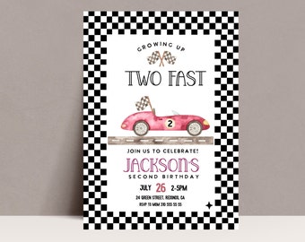 May include: A black and white checkered background with a red race car and the text "Growing Up Two Fast" in pink. The text "Jackson's Second Birthday" is below the car, along with the date "July 26" and time "2-5PM".