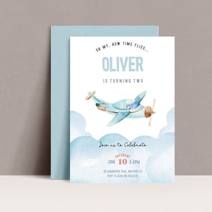 Airplane Birthday Invitation, Time Flies, Any Age, 1st birthday, 2nd birthday, Boy Airplane Party Invite, vintage airplane party, editable