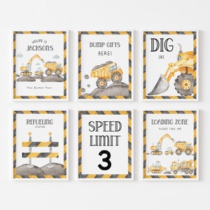May include: Six printable signs for a construction themed party. The signs feature yellow construction vehicles and black and yellow striped caution tape. The signs read: Welcome to Jackson's, Dump Gifts Here!, Dig In!, Refueling Station, Speed Limit 3, and Loading Zone Please Take One.
