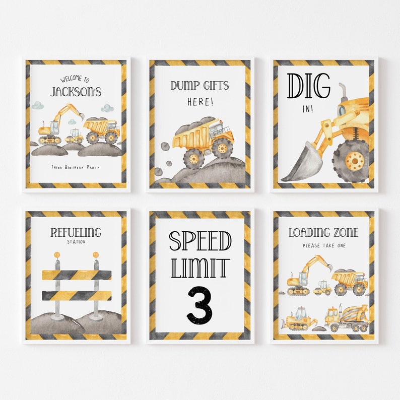 May include: Six printable signs for a construction themed party. The signs feature yellow construction vehicles and black and yellow striped caution tape. The signs read: Welcome to Jackson's, Dump Gifts Here!, Dig In!, Refueling Station, Speed Limit 3, and Loading Zone Please Take One.