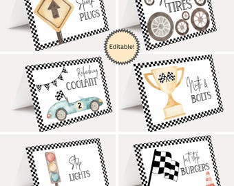 Peut inclure: Ensemble de six cartes sur le thème de la course automobile, avec des bordures à carreaux noirs et blancs. Chaque carte présente des illustrations à l'aquarelle et du texte, notamment "Spark Plugs", "Spare Tires" et "Nuts & Bolts".
