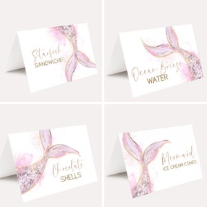 Tente de nourriture sirène modifiable, étiquettes de nourriture sirène, cartes de table sirène, sous la mer, invitation à thème sirène rose fête sirène imprimable