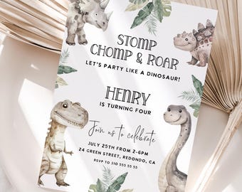 May include: A dinosaur-themed birthday party invitation with green leaves and illustrations of dinosaurs. The invitation reads "Stomp Chomp & Roar Let's Party Like A Dinosaur! Henry Is Turning Four Join us to celebrate July 25th from 2-6pm 24 Green Street, Redondo, CA RSVP to 310 555 55 55"