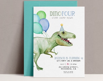 May include: A green dinosaur with a party hat holds blue and green balloons. The text reads "Dinofour Stomp Chomp Rawr. Jackson is turning 4! Let's party like a dinosaur! July 26 2-6PM 24 Green Street, Redondo, CA RSVP to Mom 310 555 55 55"