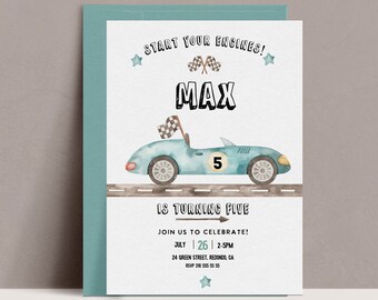 Race Car Birthday Invitation: Blue Watercolor Design (Editable Template, Instant Download)