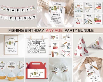 May include: A collection of fishing-themed birthday party decorations. Includes banners, invitations, cupcake toppers, party hats, favor boxes, and signs. The designs feature fishing gear, fish illustrations, and the text "Happy Birthday".