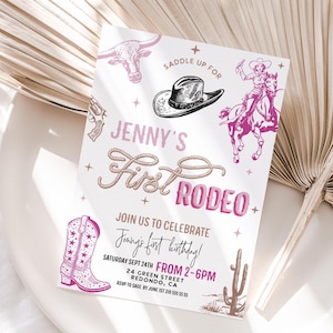 Editable First Rodeo Birthday, 1st birthday, Girl Birthday invitation, Wild west, Pink Cowgirl Invitation, First Rodeo invitation, Editable