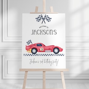 Race Car Welcome sign, Any Age, Race car Birthday Sign, Red Race Car party decor, Race car banner, race car welcome poster, Editable