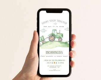 Faire-part mobile anniversaire tracteur vert : tout âge (téléchargement numérique)