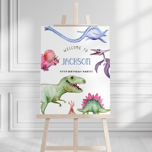 Editable Dino birthday welcome sign,  Dinosaur welcome poster,  birthday dino party, dinosaur invitation,  any age boy corjl invite template