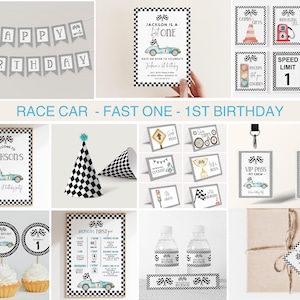Race Car FAST ONE birthday Bundle, Race Car birthday decor, 1st birthday, racecar party, race car party sign, vintage race car, editable