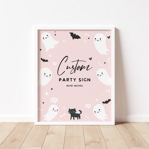 Halloween Birthday sign, party sign Spooky one birthday,  first birthday party invitation cute ghost, cute pink ghost editable printable